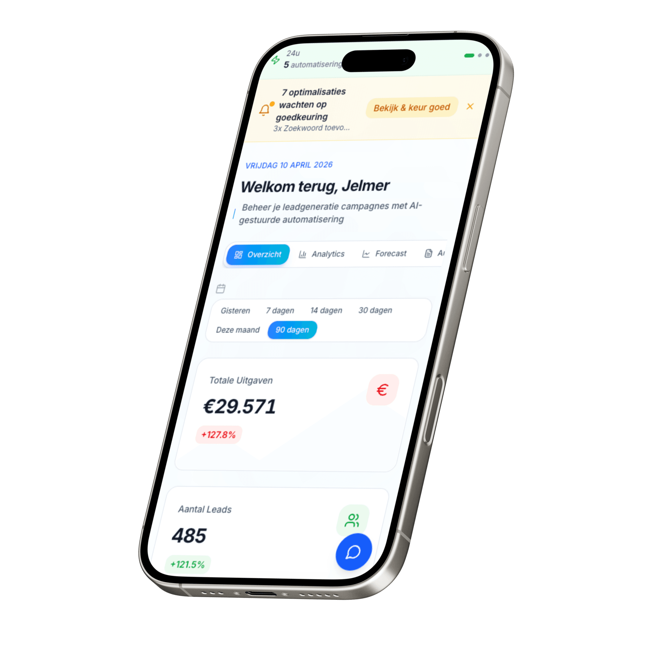 Bidley dashboard op telefoon: 7 optimalisaties wachten op goedkeuring, €29.571 uitgaven, 485 leads